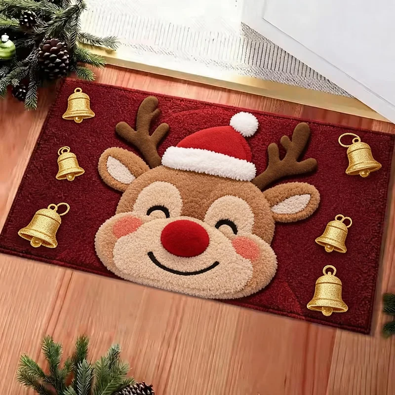 VIKAMA Christmas Reindeer Bell Entrance Doormat Non Slip Durable Floor Mat For Entryway Porch Christmas Party Decor