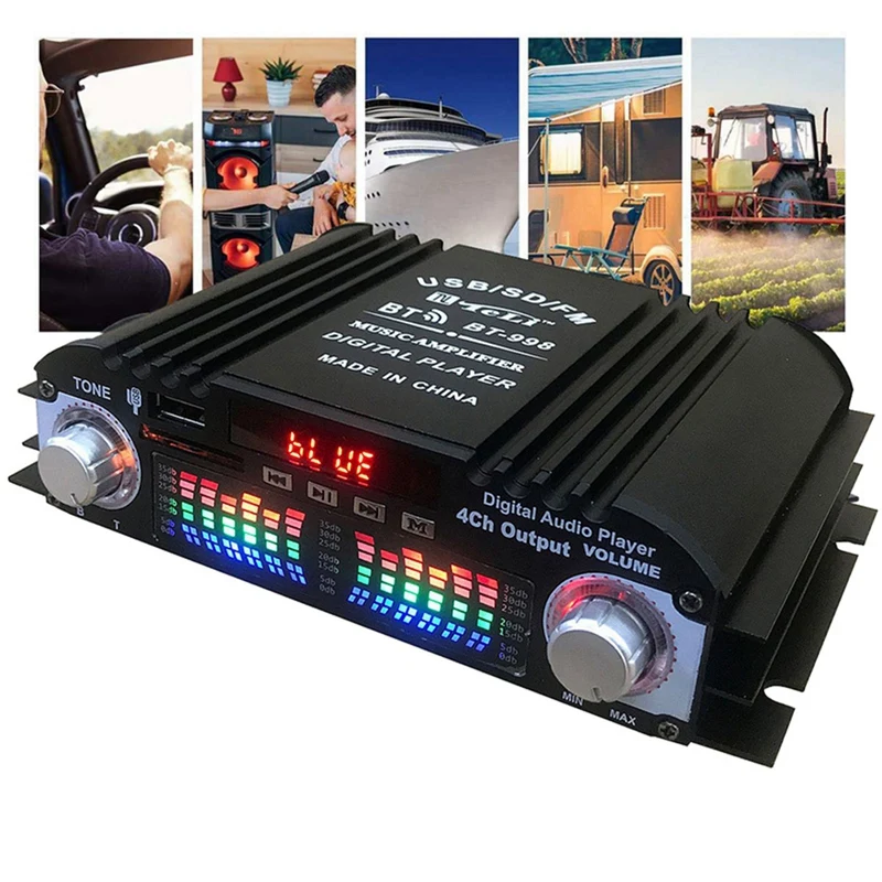 ●Bluetooth 5.0 HIFI Audio Amplifier 4-Channel Digital Sound Amp for Home Audio Systems, Car, Karaoke Supports USB SD AUX