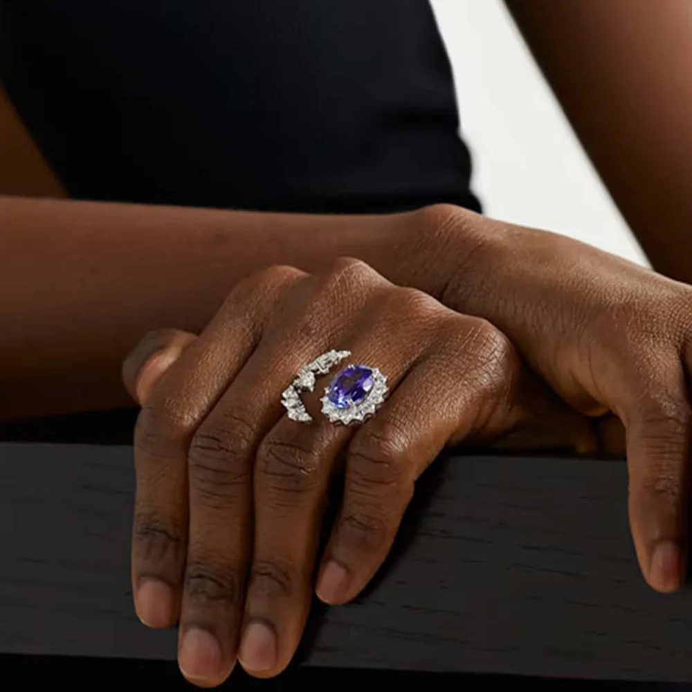 

XSBODY Advanced Blue Crystal Open Rings for Women Statement Ornament Gorgeous Geomeric Zirconia Finger Jewelry Cocktail Party