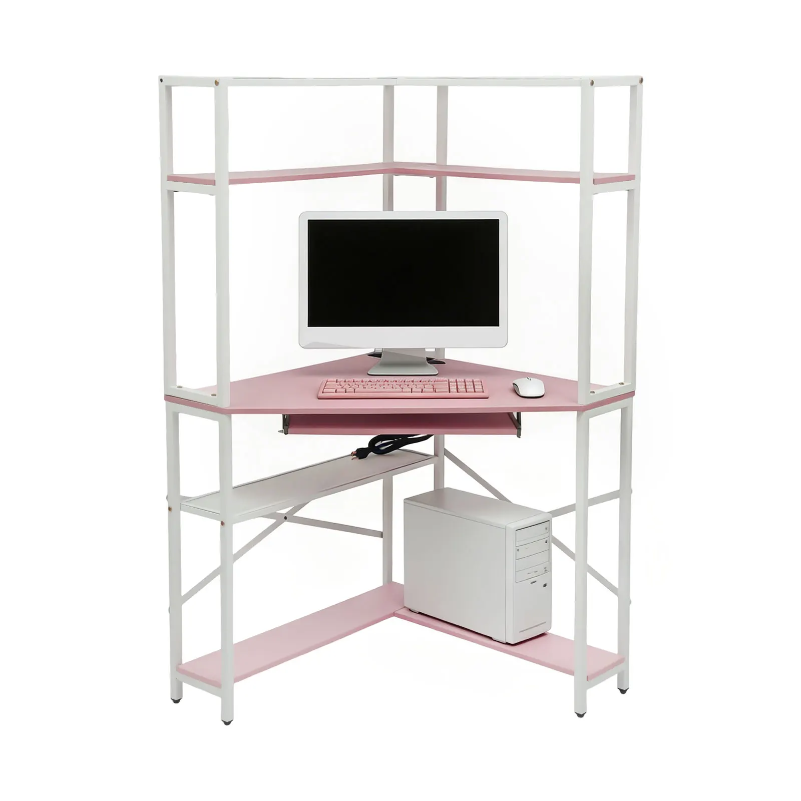 75×75×152.4cm Corner Computer Desk with Power Outlets, 77lbs Load, Density Board & Iron, Pink, with USB, for Office, Home Office, Dorm, Study, Game Room