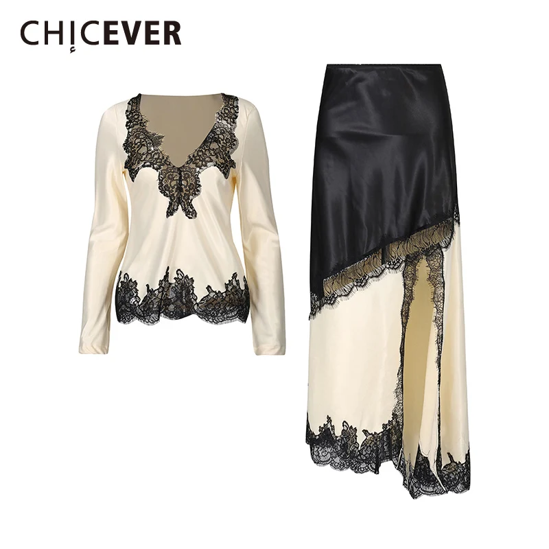 

CHICEVER однотонный кружевной комплект из двух предметов, женская рубашка с v-образным вырезом и длинными рукавами, элегантные интеллектуальные женские комплекты с юбкой, осенняя мода