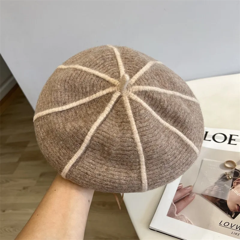 Neue Herbst Winter Baskenmütze Hut Für Frauen Achteckige Kappe Designer Top Qualität Wolle Weiche Warme Gestreiften Beste Abgestimmt Künstler Hut Geschenk – Detail 12