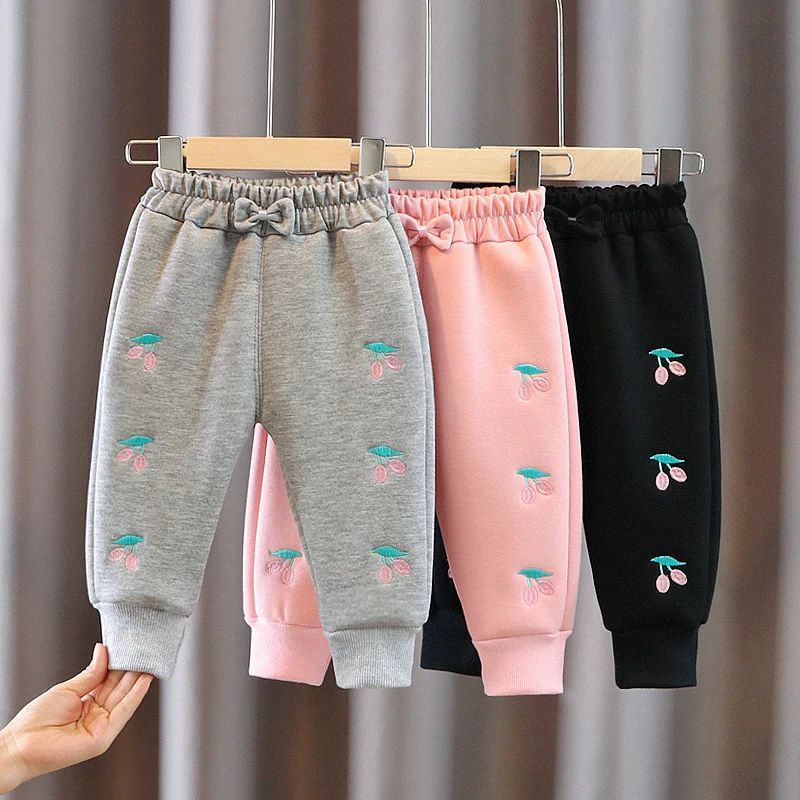 Infant Baby Winter Pants Embroidery Bow Elastic Waist Thick Warm Fleece Girls Casual Sport Pants Kids Girl Trousers