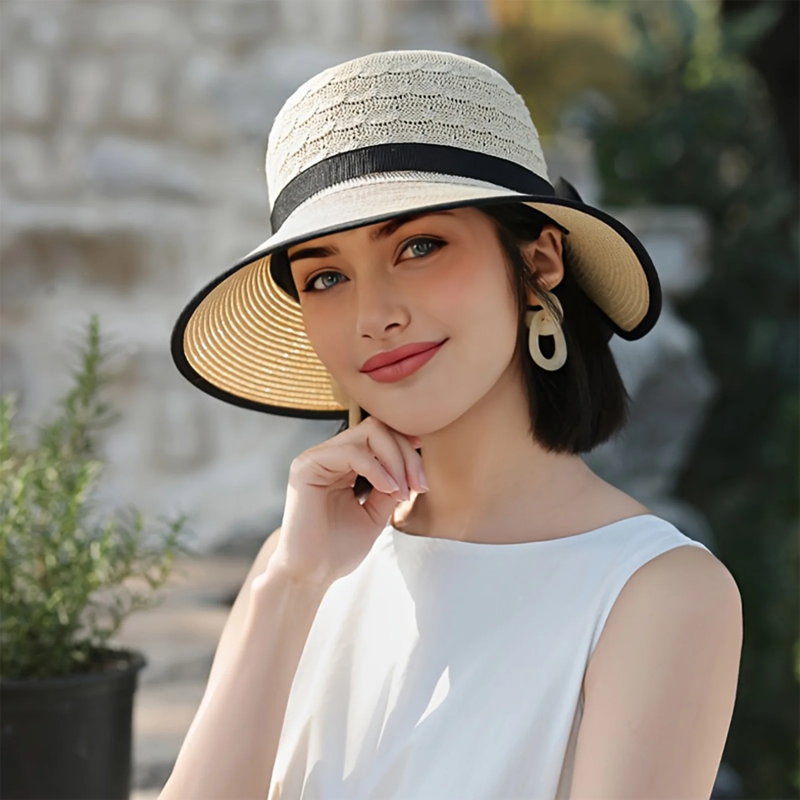 Eleganter Strohhut mit breiter Krempe und Schleife, Sommer-Strand-Sonnenschutz für Damen, Outdoor-Reisefotografie