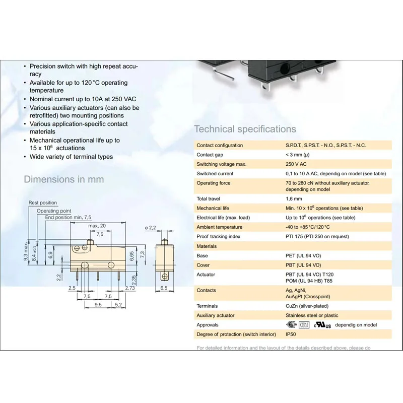 CEREJA DB3 DB3C-B1RC Micro Switch, 3 Pé limite de Curso com Rolo, 0.1A Soldagem Fio Pé, Alemão, 1Pc