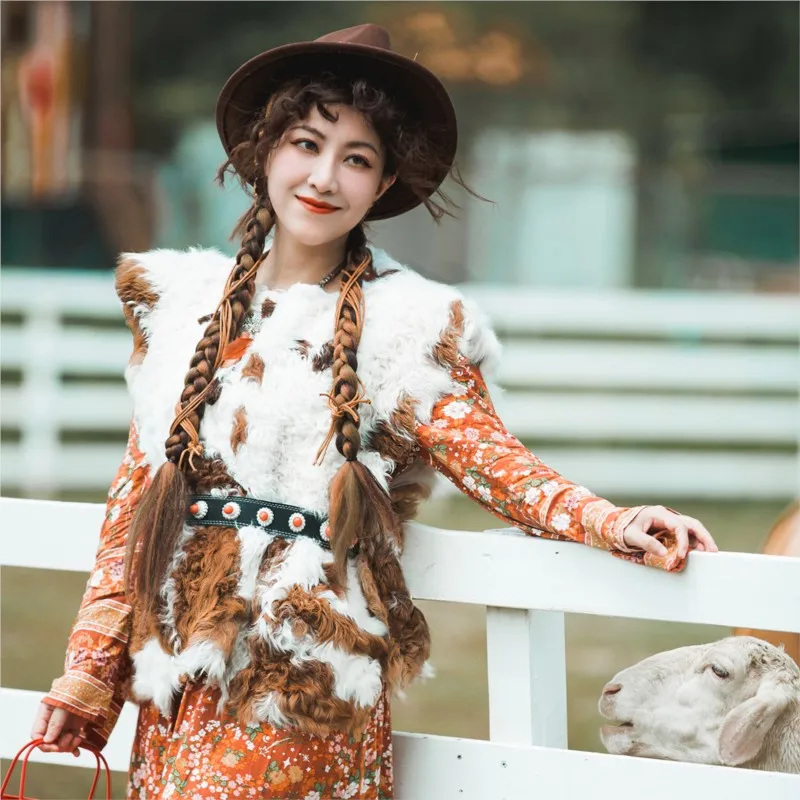 Lamb Wool Color Matching Flower Short Vest Fur Vests Western Tibetan Clothing Ethnic Style