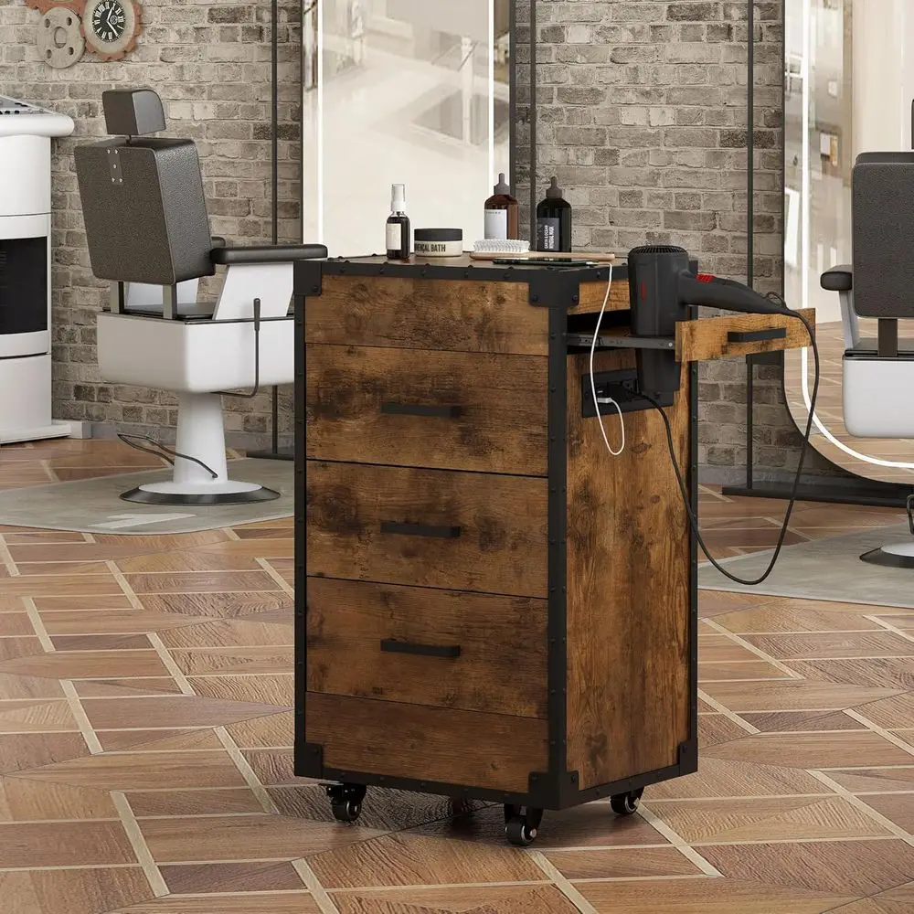 Mobile Hair Styling Station with Storage, Trolley, Charging, and Rustic Brown Finish
