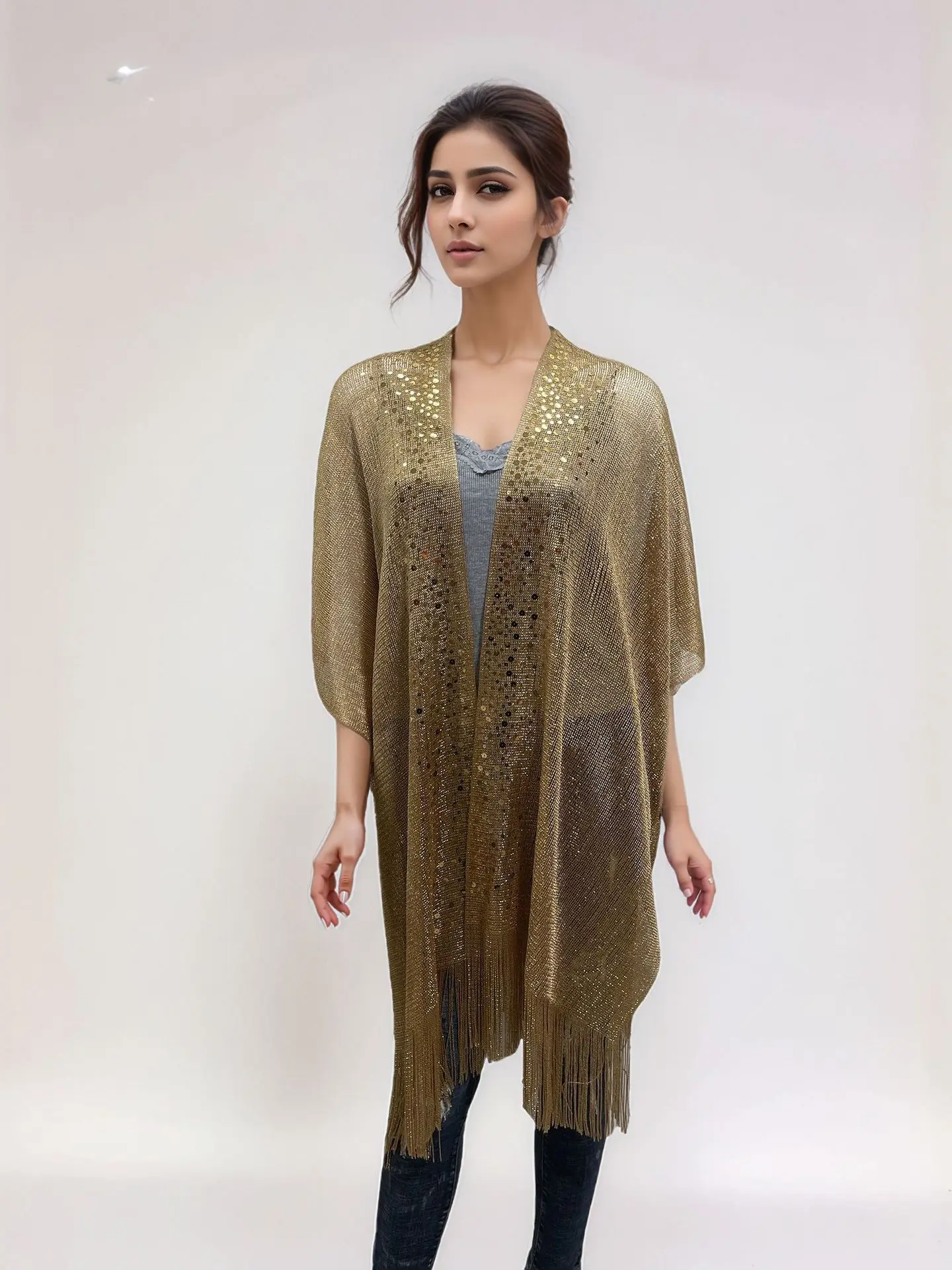 Summer new hollow out solid color bright silk knitted fringe shawl vacation beach swimsuit cover shirt sequin cardigan cape P1