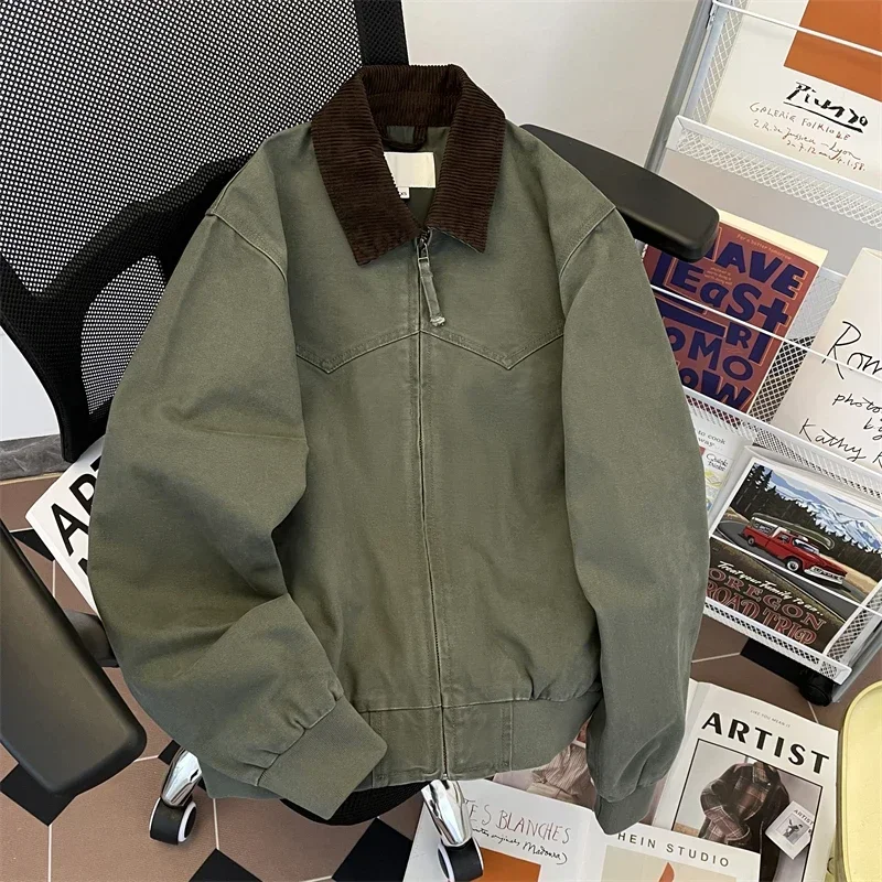 American Casual Workwear Jacket Men's Autumn Cleanfit Retro Lapel Zipper Up Coat Unisex Oversized Motorcycle Patchwork Jacket