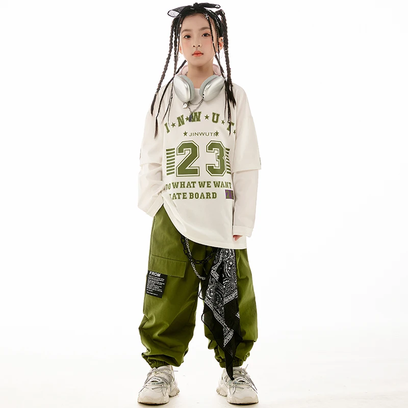 Hip Hop Dance Clothes For Girls Jazz Practice Wear White Long Sleeves Tops Green Pants Boys Teenagers Casual Clothing BL11644