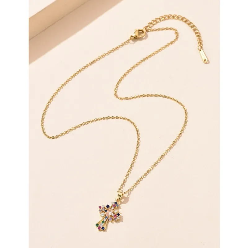 2023 New Shiny Colorful Zircon Decorated Cross Pendant Necklace Retro Palace Style Suitable for Holiday Banquet Parties