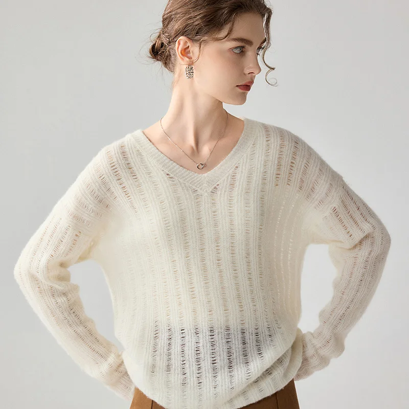Elegant Autumn Women 100% Cashmere Pullover Sweater V Neck Hollow Knitwear Loose French Style Minimalist Warm Tunic Comfortable.