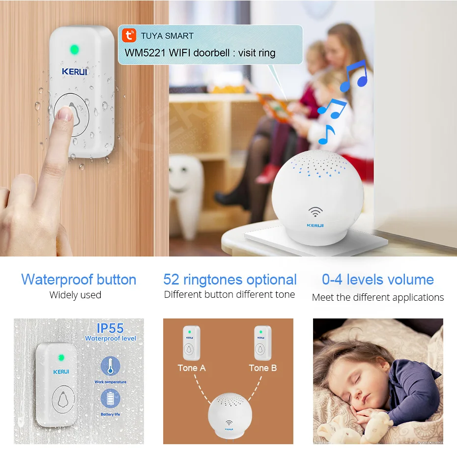 KERUI Tuya Campanello Intelligente e Sistema di Allarme WiFi 52 Toni Anello Campanello per Porte Vita Intelligente APP di Controllo 100 Metri Gamma Wireless Allarme Domestico