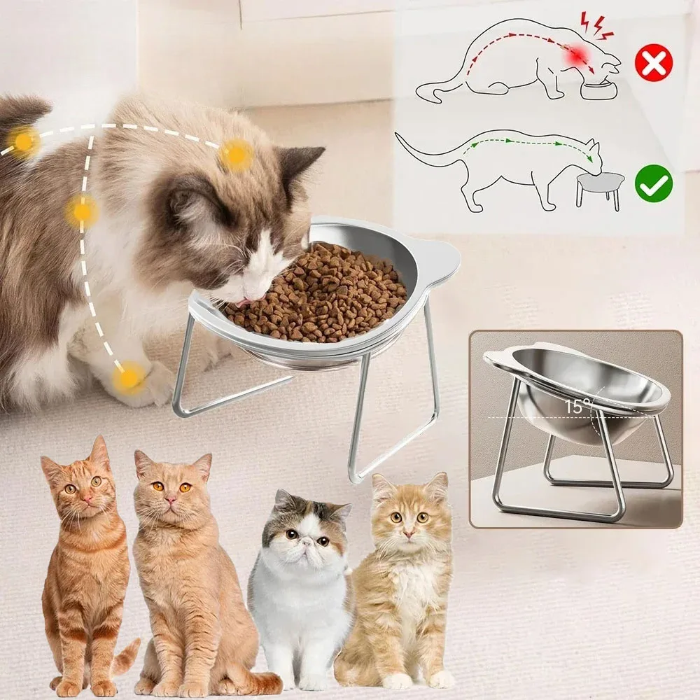 

Stainless Steel Cat Bowl with Stand Pet Food Bowls for Cat Kitten Feeders Protecting The Cervical Spine Миска Для Кошек Mascota