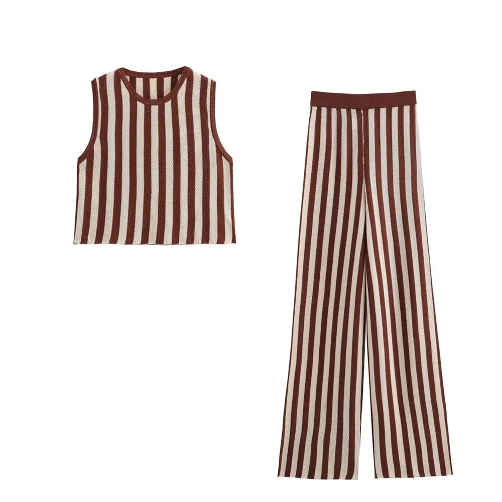 Elegant Knitted Striped Vest Pant Sets Women O-neck Sleeveless Crop Tops High Waist Pants Suit 2024 Summer Casual Lady Outfits 