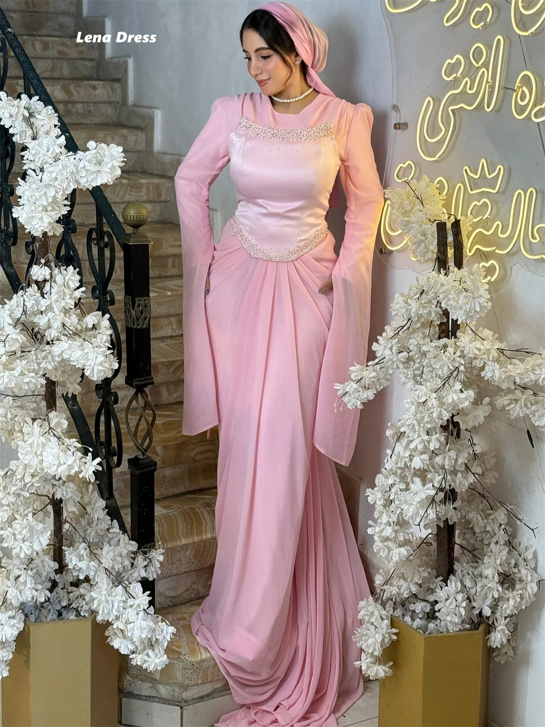 레나 맞춤 제작 고급 파티 드레스 여성용 2025 긴 소매 웨딩 이브닝 드레스 우아한 파티 드레스 여성용 2025 핑크