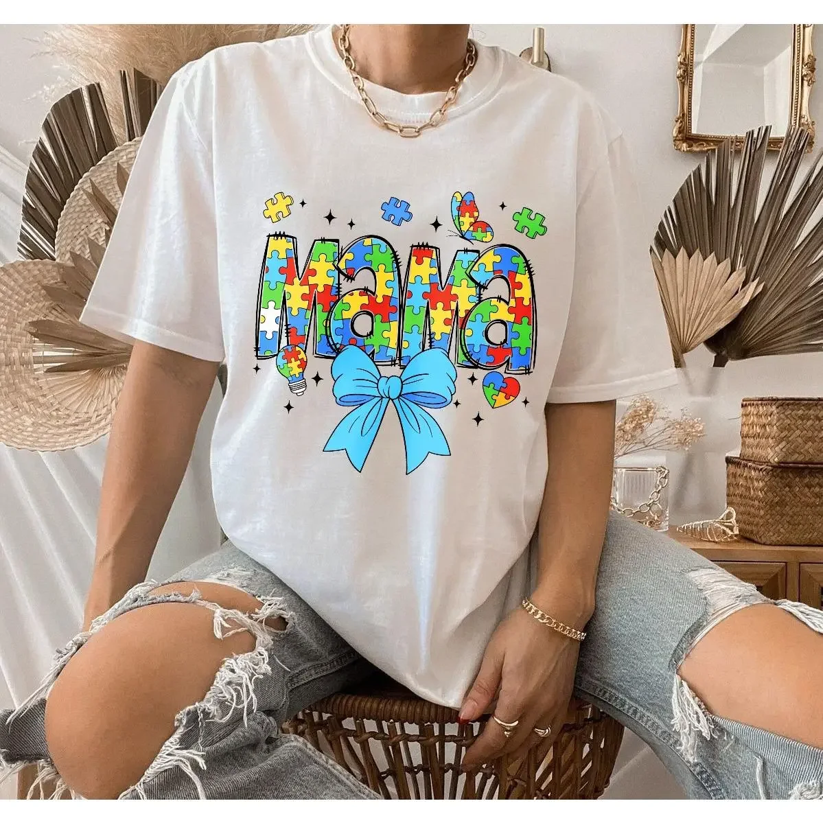 Autism Awareness Mama T Shirt, Puzzle Pieces And Butterflies Print For Motherhood And Special Needs Support,Machine Washable Casual Top,Size S-5XL,Relaxed Fit Shirt