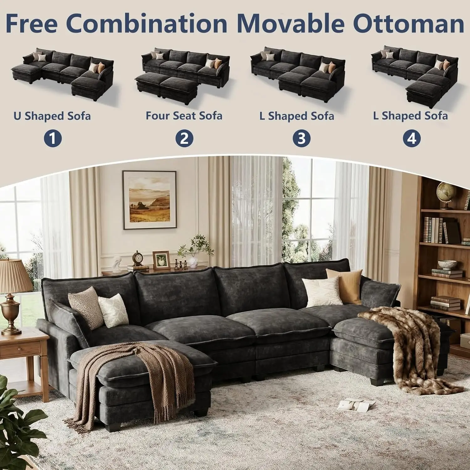 

U-Shaped Modular Cloud Sofa, Movable Ottoman & Pillows, Chenille Couch for Living Room, Custom