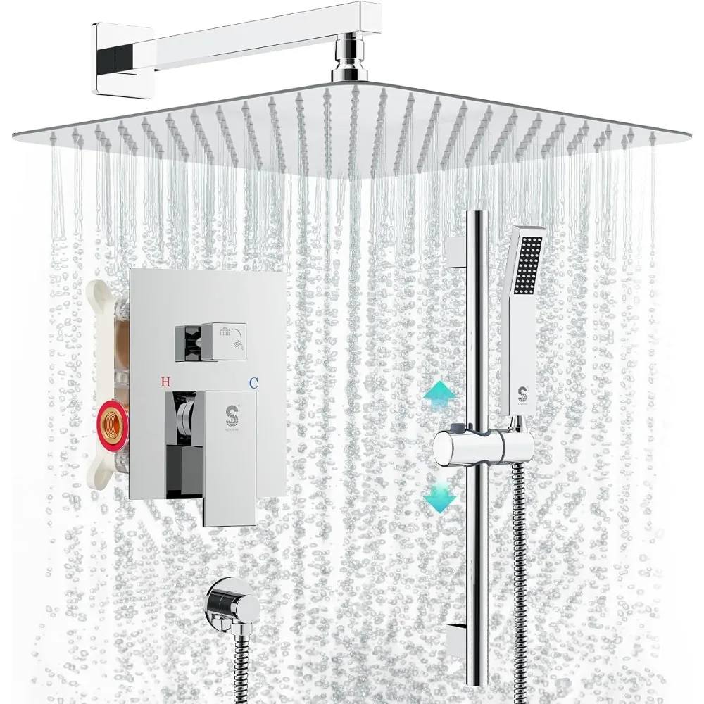 نظام دش مربع مثبت على الحائط مقاس 12 بوصة مع رأس دش مطري وقضيب منزلق ورذاذ محمول #1