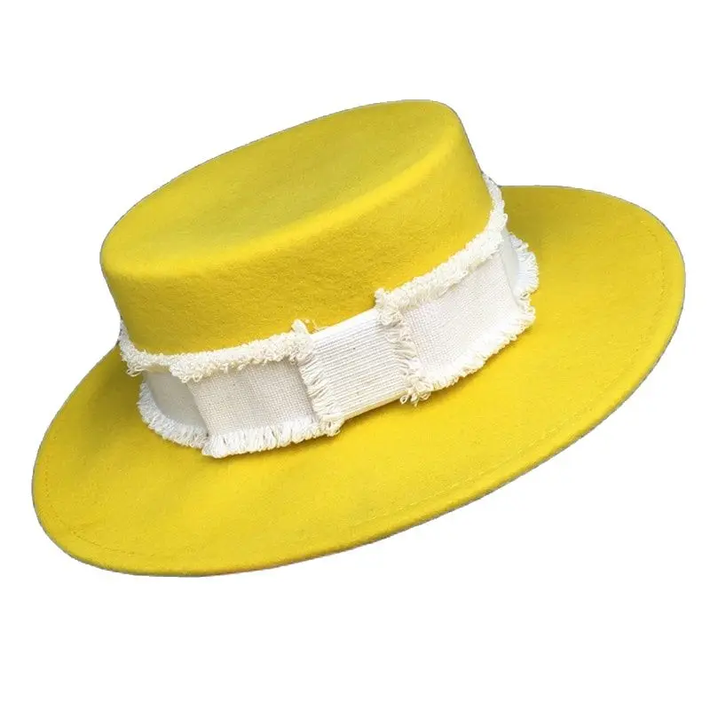 

Women Yellow Wide Brim Felt Hat White Ribbon Band Winter Fedora Wool Flat Top Hat Church Derby Bowknot Cap Adjustble