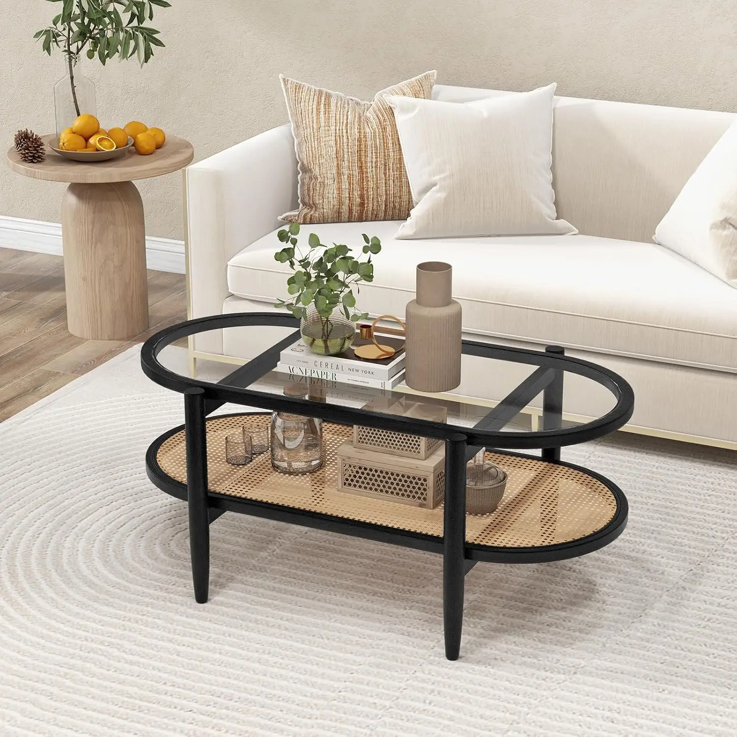 Coffee Table, 40”L Oval  Wood Cocktail Table With Tempered Glass Tabletop &  Storage Shelf, 2-Tier