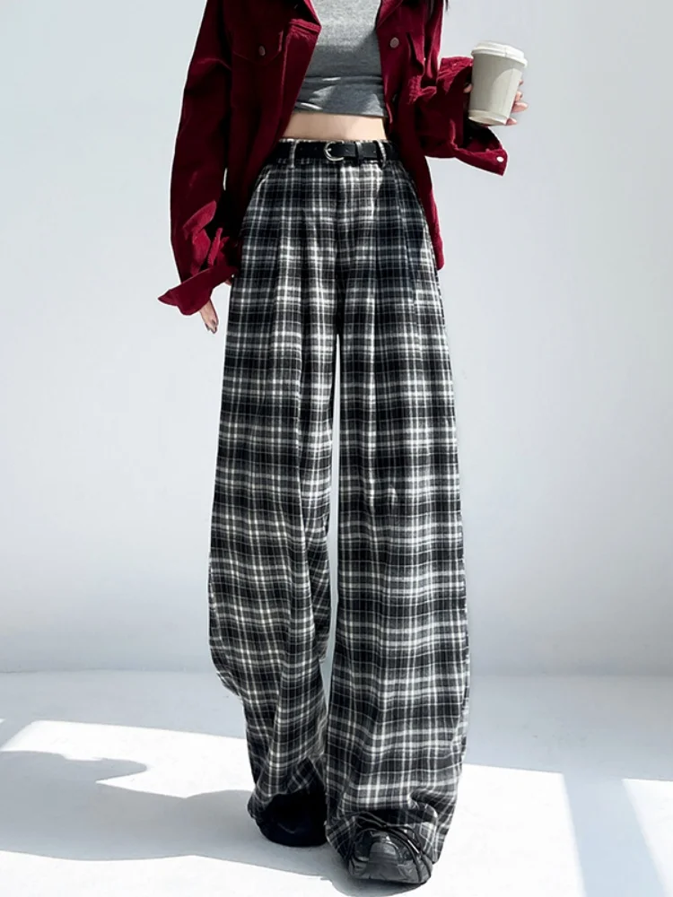 Pantalon à carreaux pour femmes, grand, américain, décontracté, ample, taille haute, jambe droite, élément de transport, sans étirement