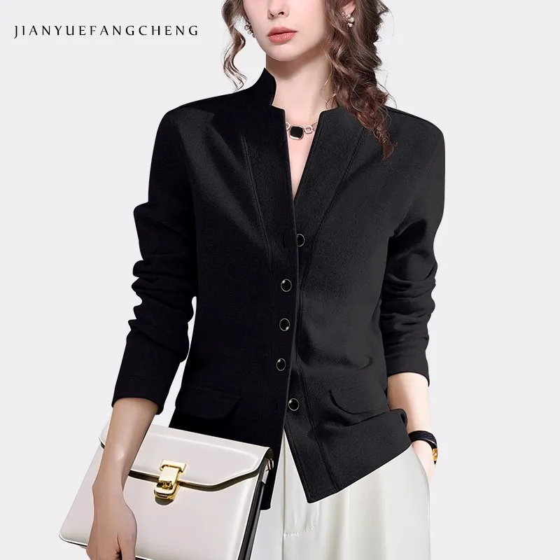 

2025 Fall Women' Long Sleeve V neck Knitted Top Cotton Blouses Elegant Slim Office Ladies Button-down Shirts