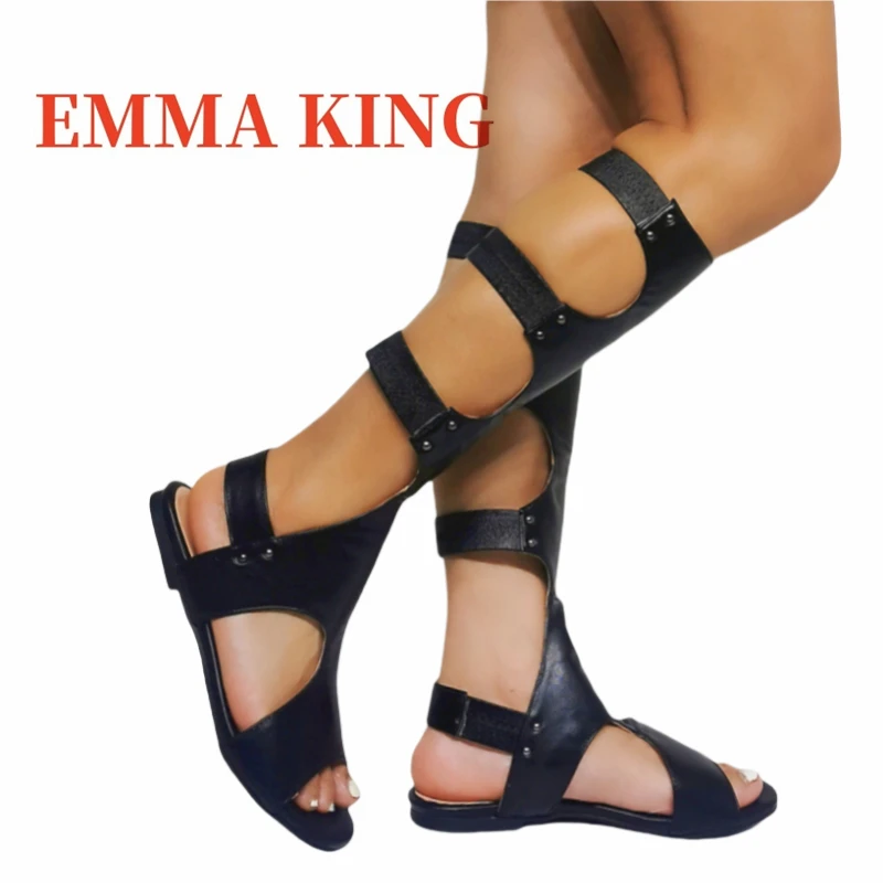 المرأة الجوف خارج صنادل طراز جلاديتور قطع الركبة عالية الشقق أحذية الصيف النساء روما نمط صنادل شاطئ اليدوية حذاء كاجوال #5