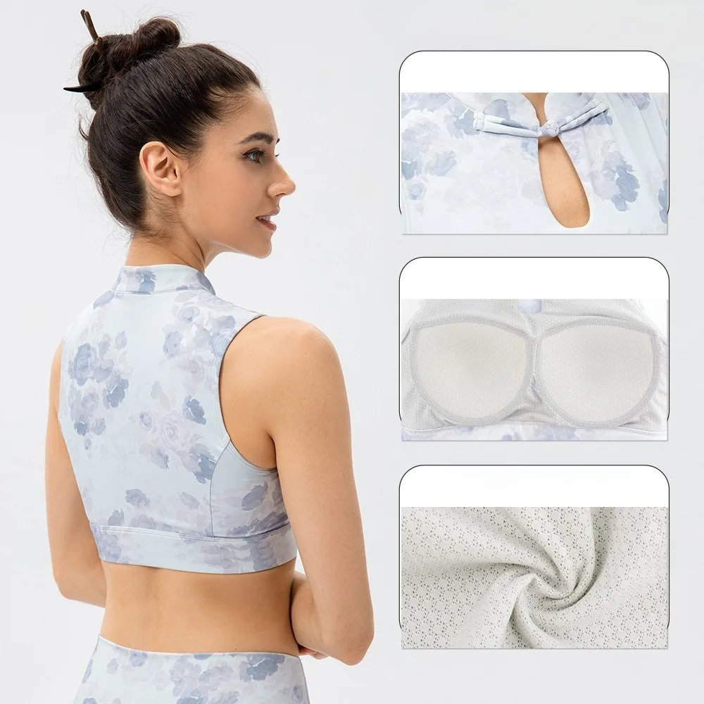 Women Built-in Padded Yoga Tank Top, Soft Skin-Friendly Button Detail Sports Bra, Breathable Fitness Workout Vest