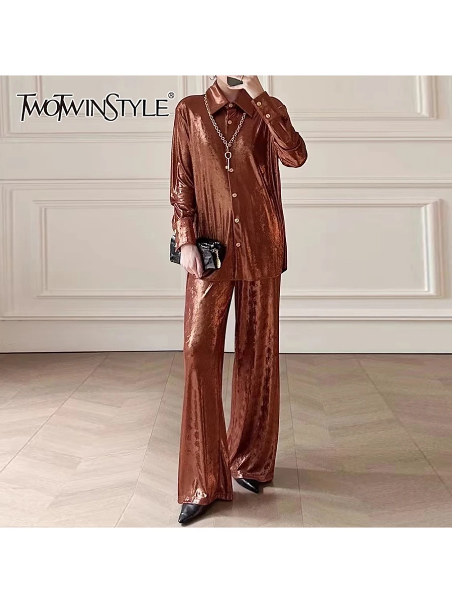 

TWOTWINSTYLE Loose Temperament Two Piece Sets for Women Lapel Long Sleeves Spliced Buttons Shirt Wide Leg Pant Casual Set Female