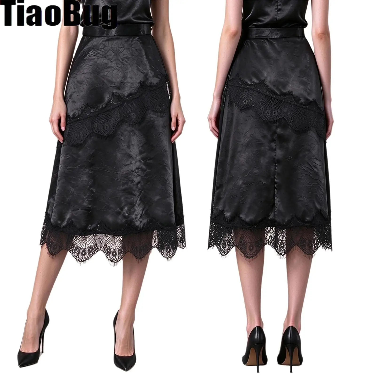 Women Lace Trim Satin Casual Skirts Side Invisible Zipper Back Split Skirts for Daily Life Cocktail Party Office Work