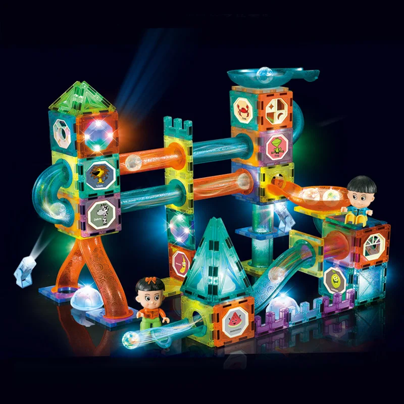 LED Magnetic Sheet Building Block Designer Magnet Maze Race Run Ball Marble Track Funnel Slide Brick Education DIY Toys For Chil