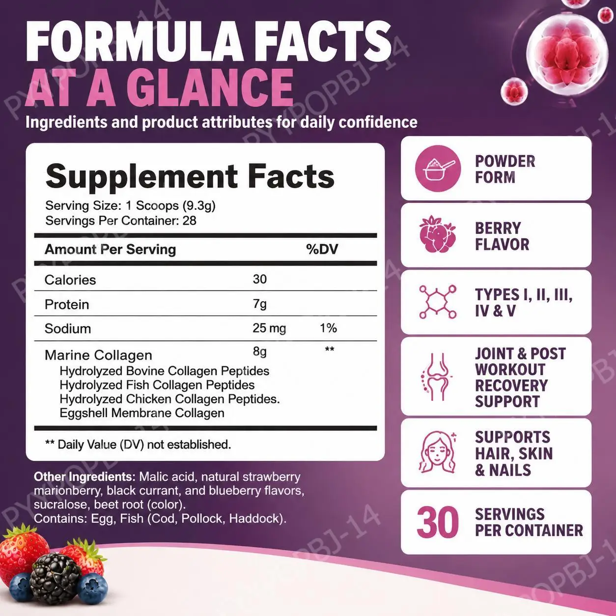 Multi Collagen Peptides Powder for Hair Skin Nails and Joint Recovery Support, Types I II III IV V, Berry Flavor, 28 Servings
