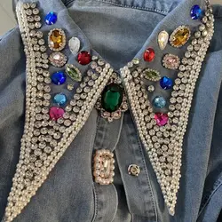 Luxury Diamonds Beaded Denim Shirt Spring Single-breasted Blouses Long Lantern sleeve Crystal Jeans Jacket Cardigan Tops Blusas