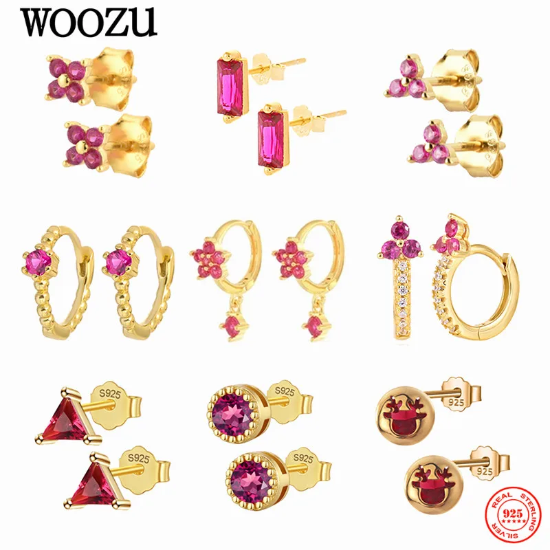 

WOOZU 925 Sterling Silver Romantic Sweet Red Crystal Zircon Stud Earrings For Women Fashion Cute Girl Daily Party Jewelry Gifts