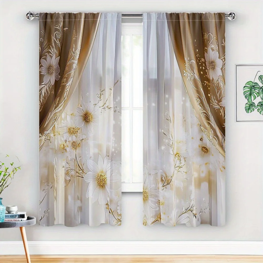 2 Pcs Elegant Gold Floral Sheer Curtains – Beige & White Polyester Rod Pocket for Living Room & Bedroom Decor