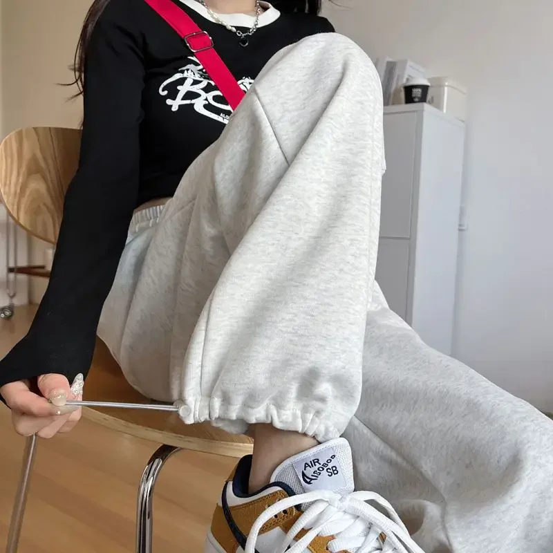 Light Grey Casual Pants Women's Autumn Style Wide Leg Sweatpants Straight Cut Sports Trousers High Street Trend Female Fashion
