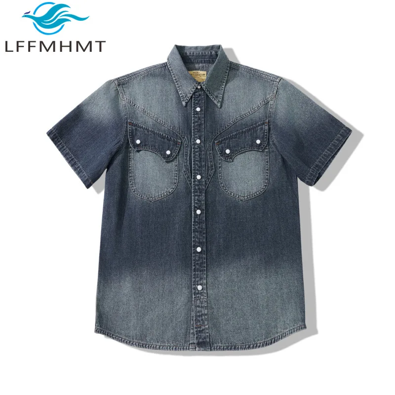 

Vintage Pocket Patchwork Original Washing Denim Shirt for Men Summer Streetwear Trendy Short Sleeve Blouse Jackets Tops