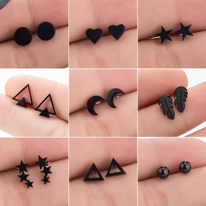 Fashion Stainless Steel Geometric Earrings Black Small Star Moon Round Triangle Ear Studs for Women Men Hip Hop Ear Jewelry 2022