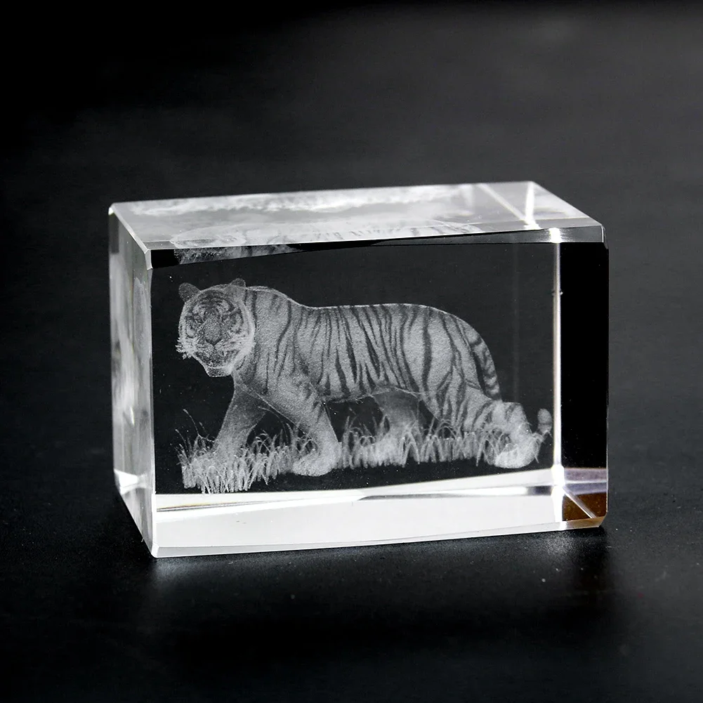 Clear K9 Crystal Laser Inside Carving Siberian Tiger Grass Ornament Crafts Prism Sun Catcher Paperweight Mascot Feng Shui Decor