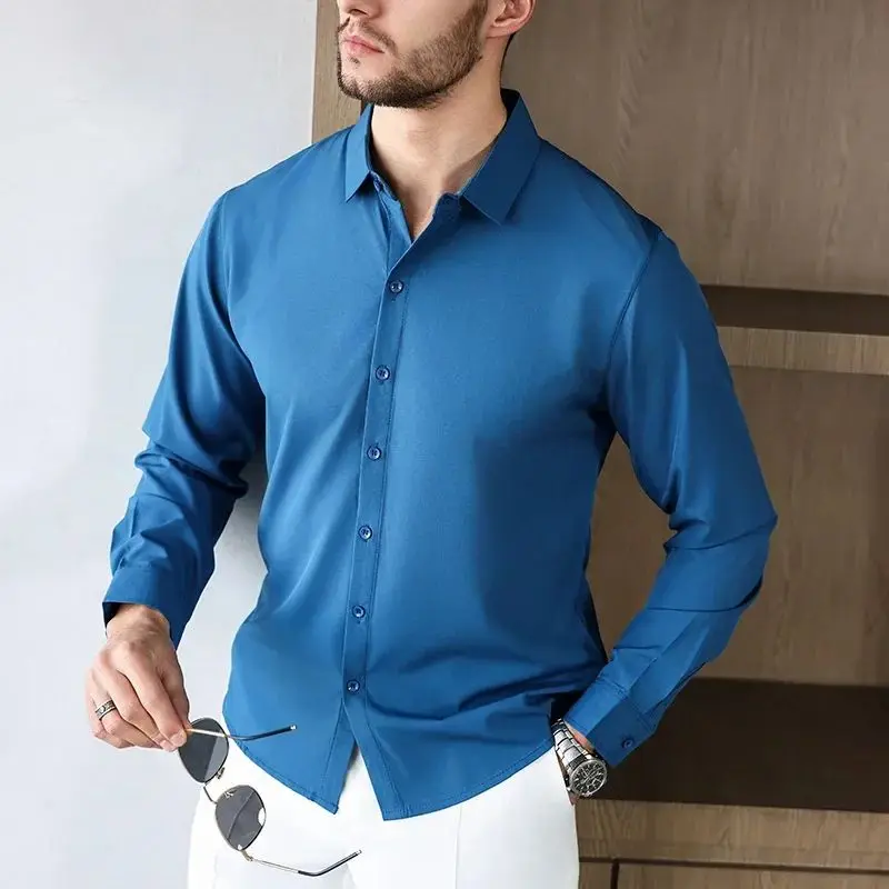New Men's Business Casual Long Sved Color Shirt WRi Autumn Thickened Fleece Lined Nine Sleeve  Collar Special Wide Fit