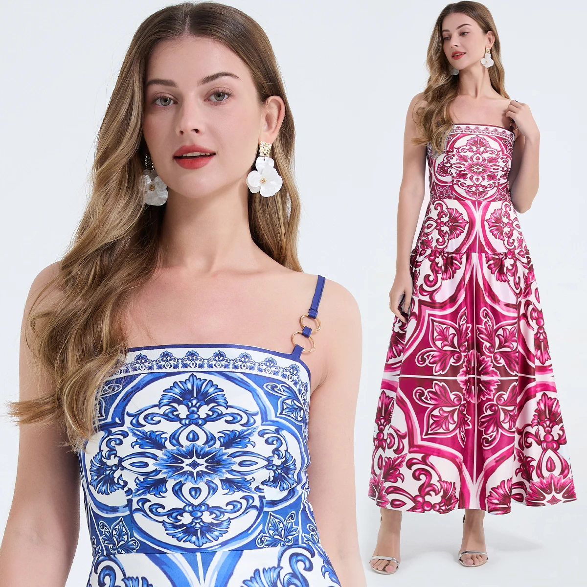 

2026 Summer Holiday Vintage Print Prom Long Dress For Women Blue And White Porcelain Print Spaghetti Strap Slim Maxi Vestidos