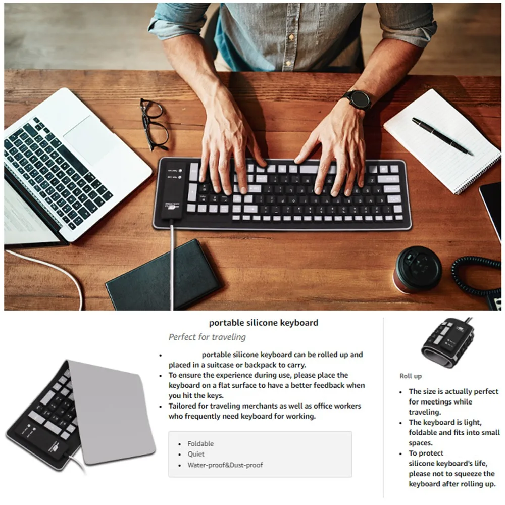 Flexible 103 Keys Silicone Keyboard Quiet Typing Black Grey USB Wired Keyboard Waterproof Rollup Keyboard Travel
