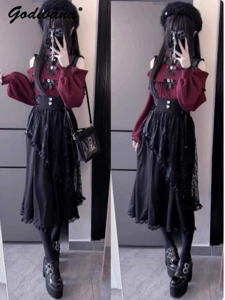 Japanese Mine Series Rhinestone Lace Spliced High Waist Fishtail Skirt Sweet Women's Black Long Skirt Off Shoulder Sweater Tops