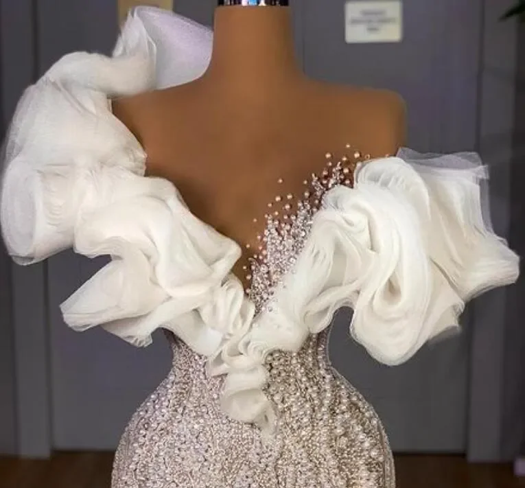 New Luxury Beaded Mermaid Wedding Dresses Off Shoulder Ruffle Sleeve Sparkly Sequins Bridal Gown With Long Train Customized - view 3