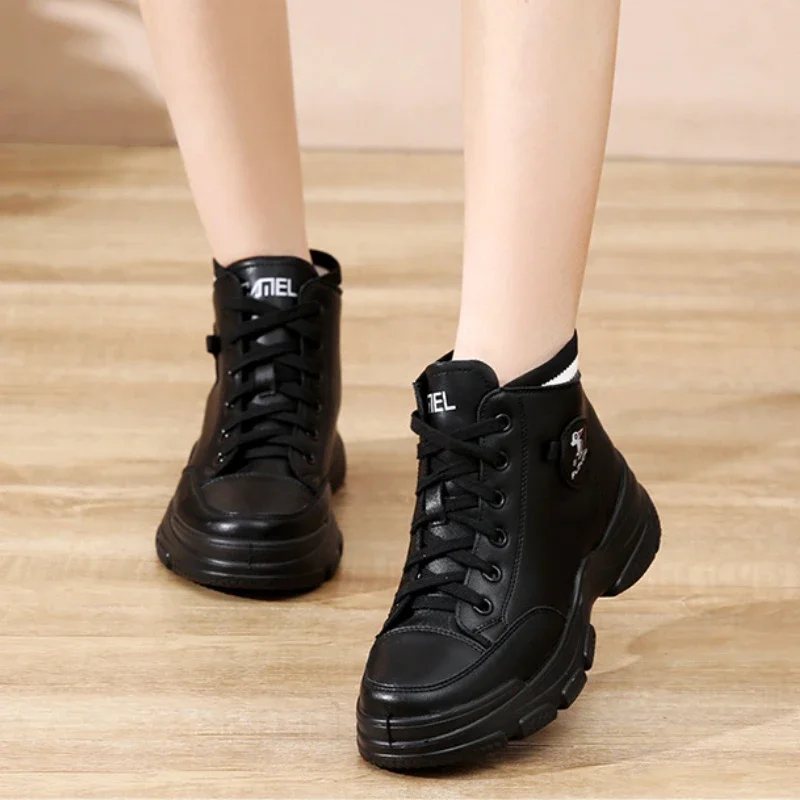 New 2024 Women Ankle Boots Warm PU Plush Winter Woman Shoes High-top Sneakers Ladies Lace Up Non-slip Casual Shoes Zapatillas