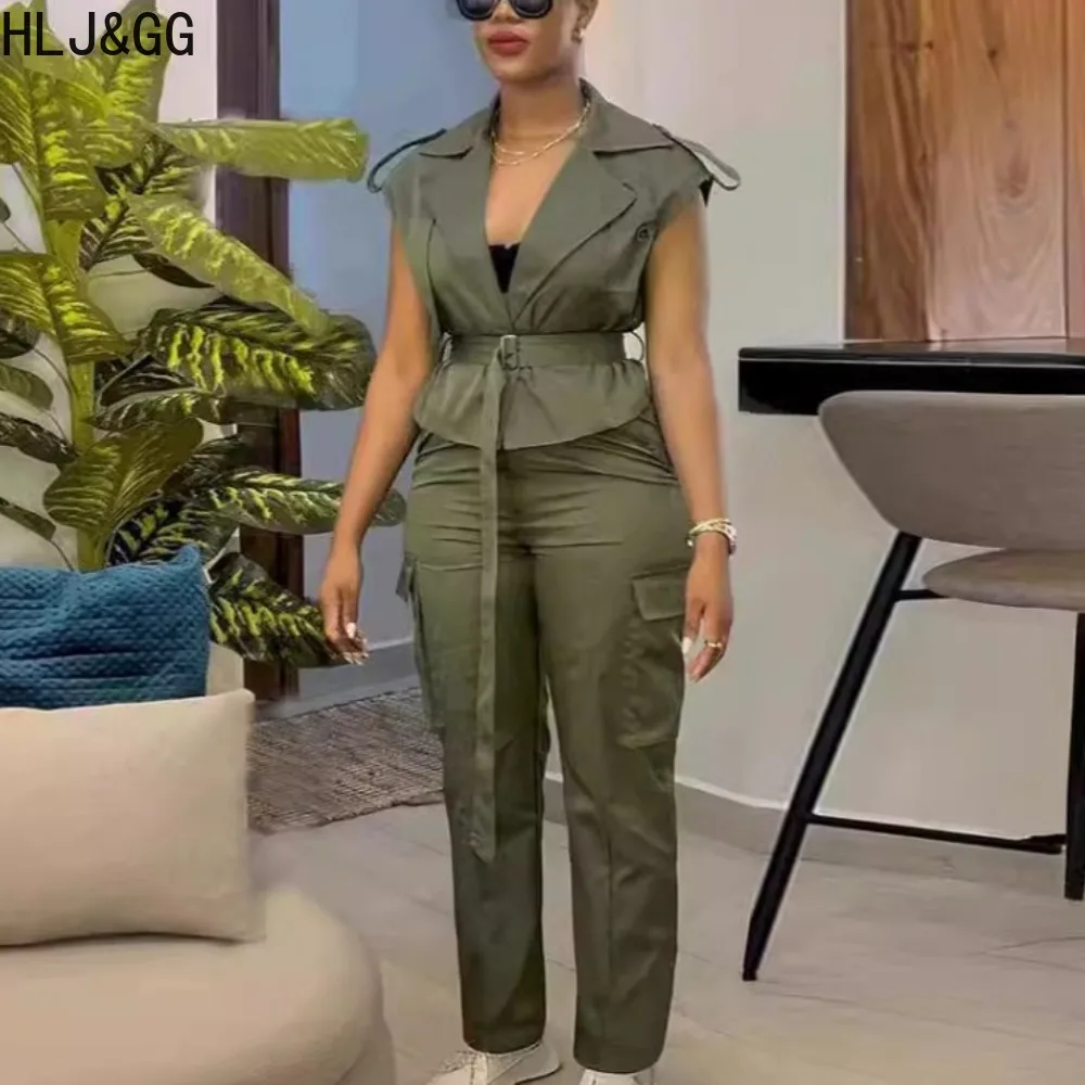 

HLJ&GG Elegant Lady Solid Pocket Cargo Pants Two Piece Sets Women Turndown Collar Deep V Sleeveless Top+Pants Outfits with Belt