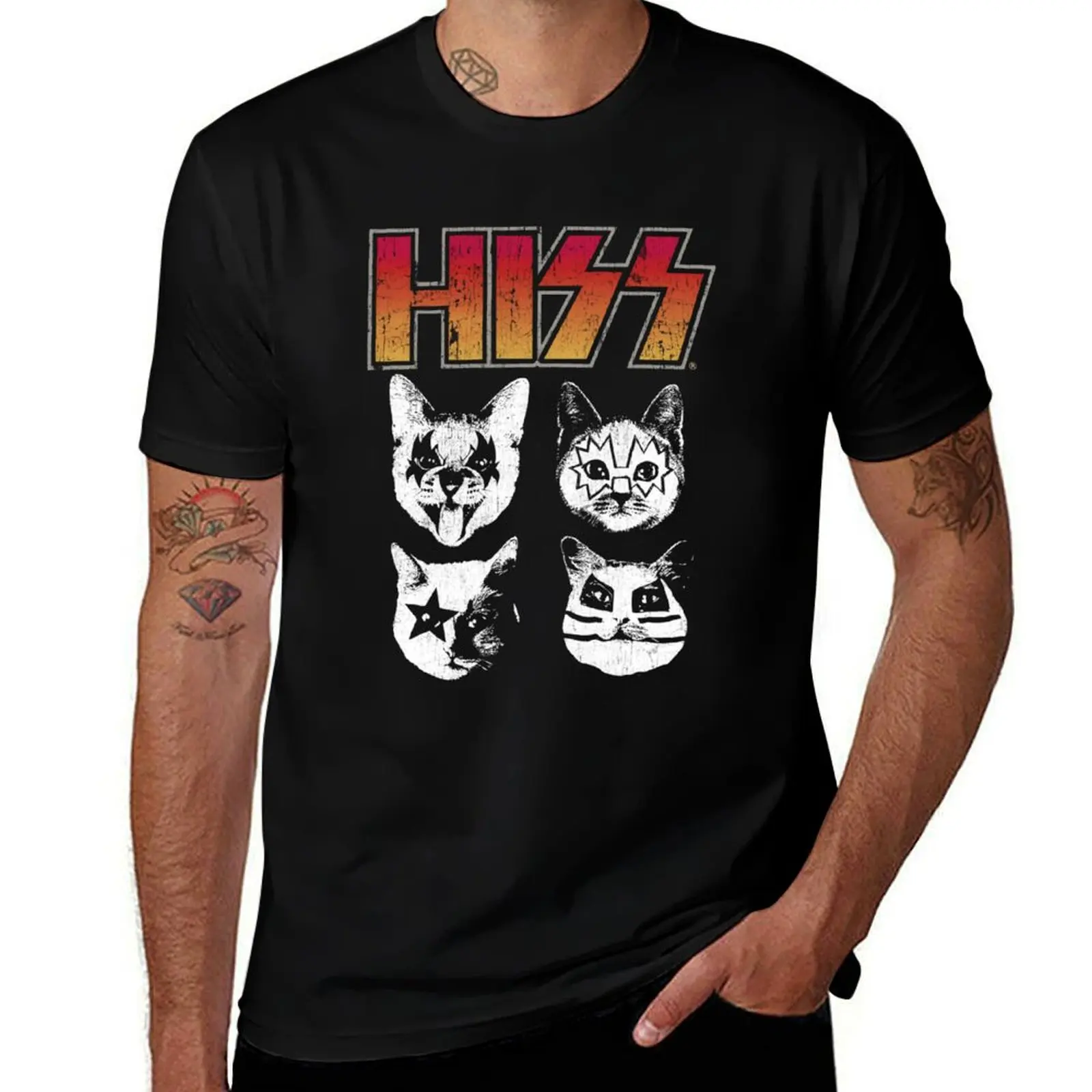 HISS Cat Funny Cats Kittens Rock Music Cat Lover Hiss T-Shirt Work Utility Casual Tee Shirt T-Shirt