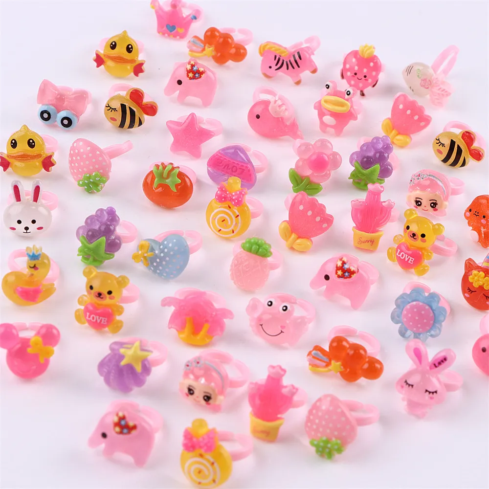 50Pcs/Lot Cute Children Cartoon Resin Opening Rings for Girls Jerry Fruit Animals Cookies Princess  DIY Decoration Prize Gifts