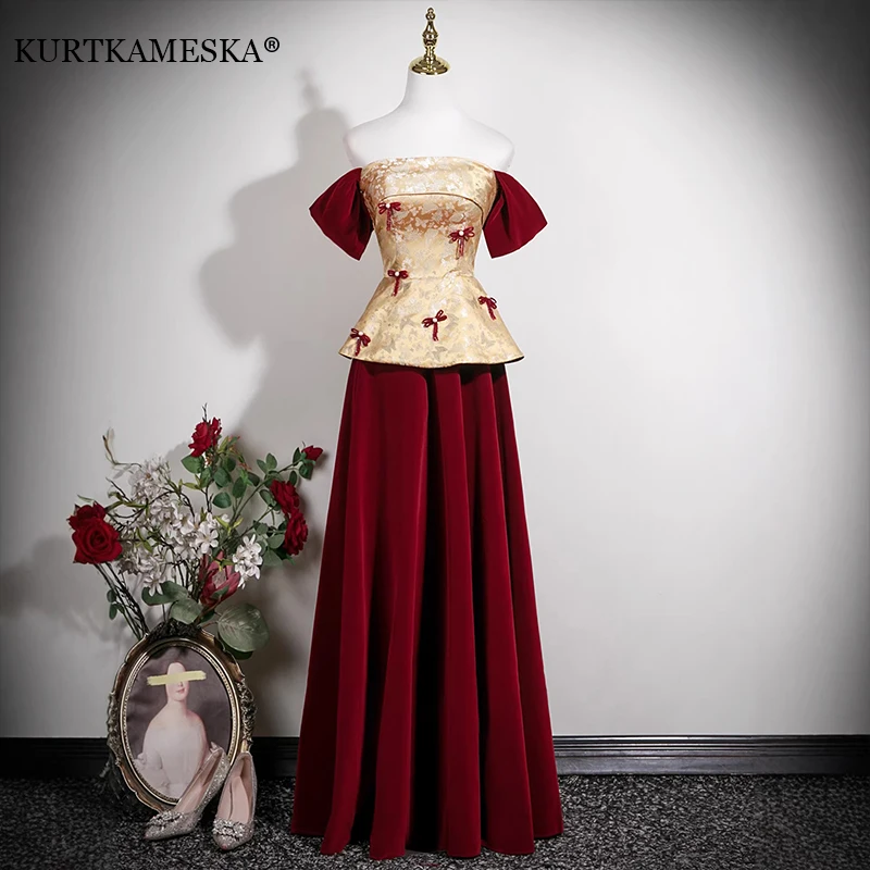 

Elegant Bow Decoration Off-the-Shoulder Evening Dress Graduation Host Ball Gown Party Prom Formal Dresses Korean Princess Dress